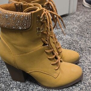 XOXO Tan Lace Up Boots with Rhinestone Accents